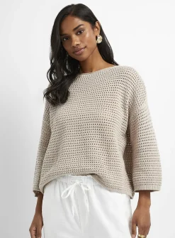 3/4-sleeve openwork crocheted sweater