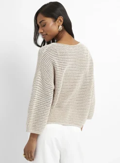 3/4-sleeve openwork crocheted sweater