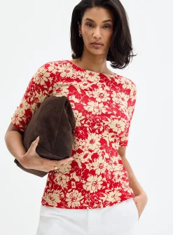 3/4-sleeve two-tone flowers T-shirt