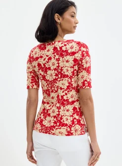 3/4-sleeve two-tone flowers T-shirt