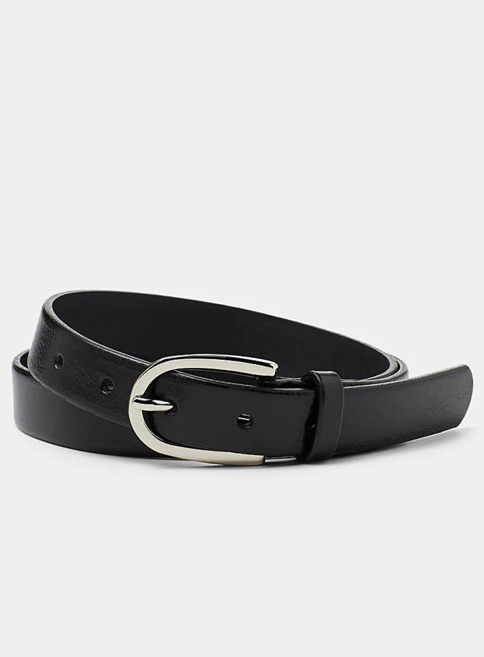 Slim half-oval-buckle leather belt