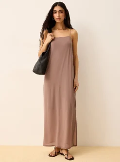Slim straps side slit maxi micromesh dress