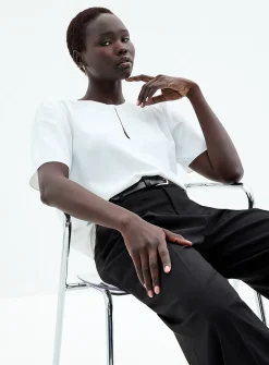 Slit-collar flowy crepe blouse