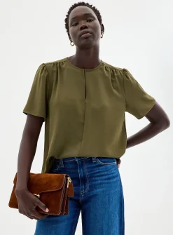 Slit-collar flowy crepe blouse