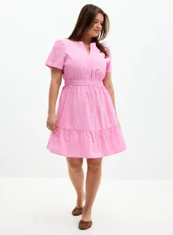 Slit-collar tiered poplin dress
