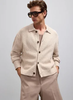 Slub knit polo-collar cardigan