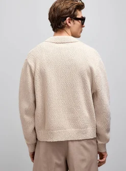 Slub knit polo-collar cardigan
