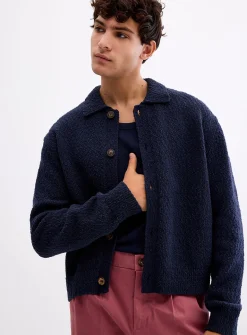 Slub knit polo-collar cardigan