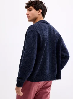 Slub knit polo-collar cardigan