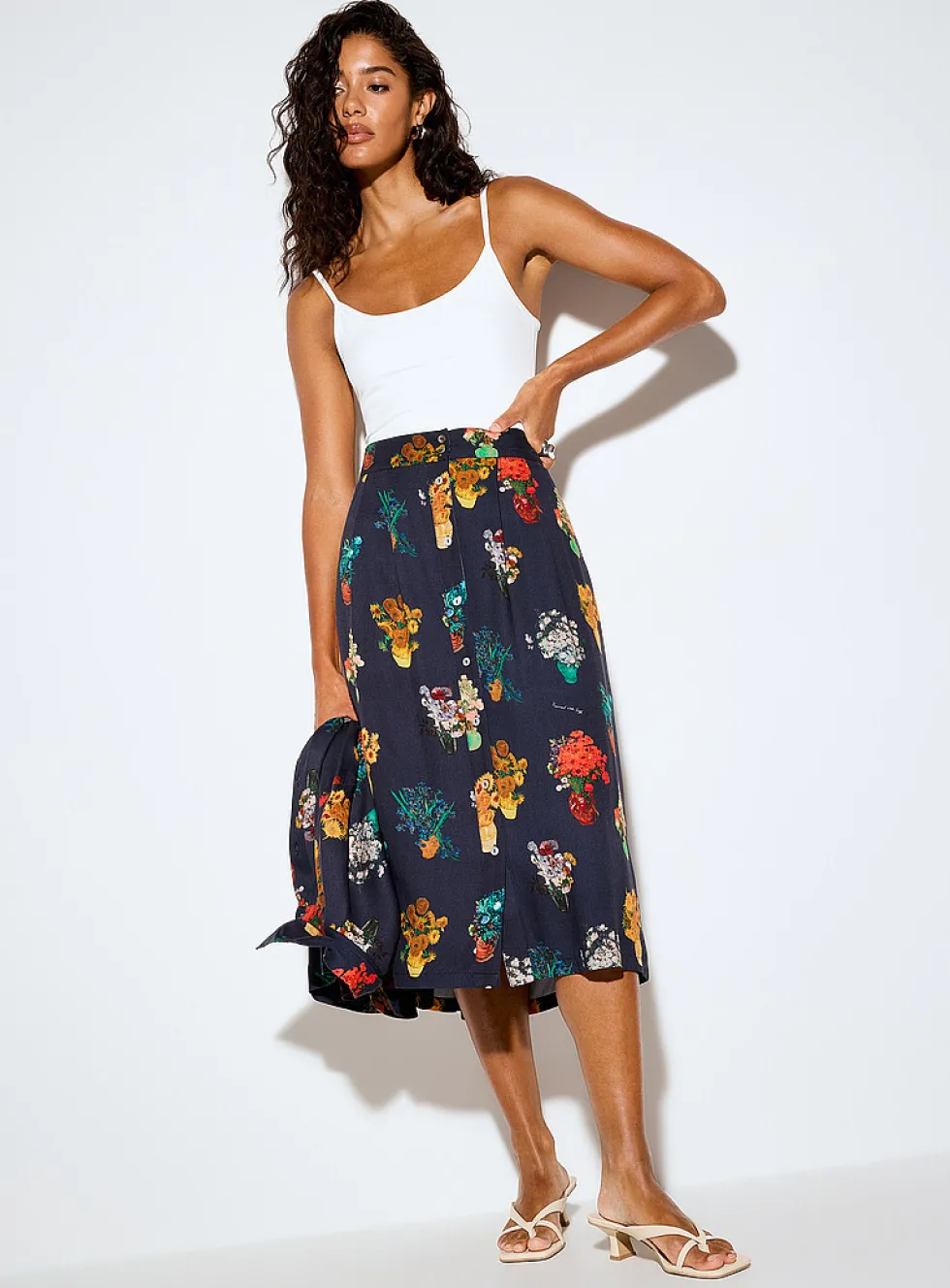 Small-button flared midi skirt