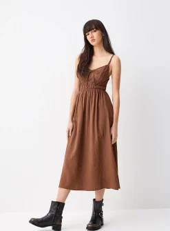 Smocked bust linen-blend midi dress