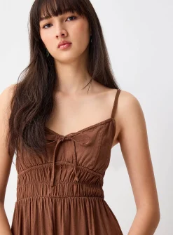 Smocked bust linen-blend midi dress