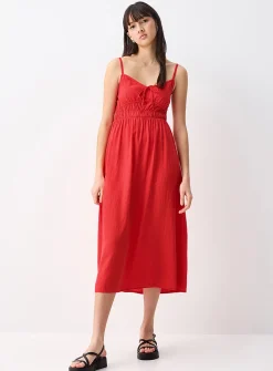 Smocked bust linen-blend midi dress
