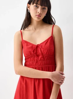 Smocked bust linen-blend midi dress