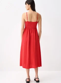 Smocked bust linen-blend midi dress