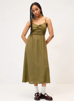 Smocked bust linen-blend midi dress