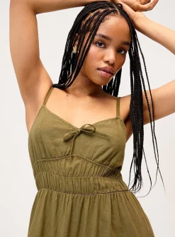 Smocked bust linen-blend midi dress