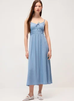 Smocked bust linen-blend midi dress