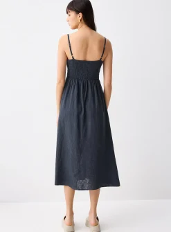 Smocked bust linen-blend midi dress