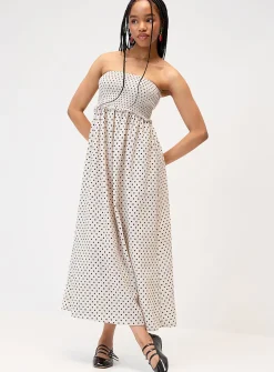 Smocked polka-dotted maxi tube dress