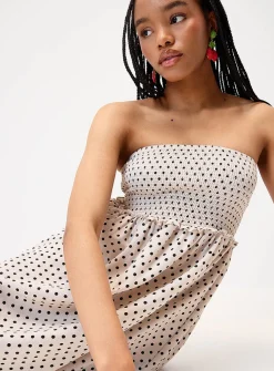 Smocked polka-dotted maxi tube dress