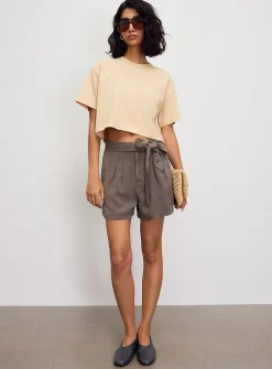 Soft supple denim belted pleated short