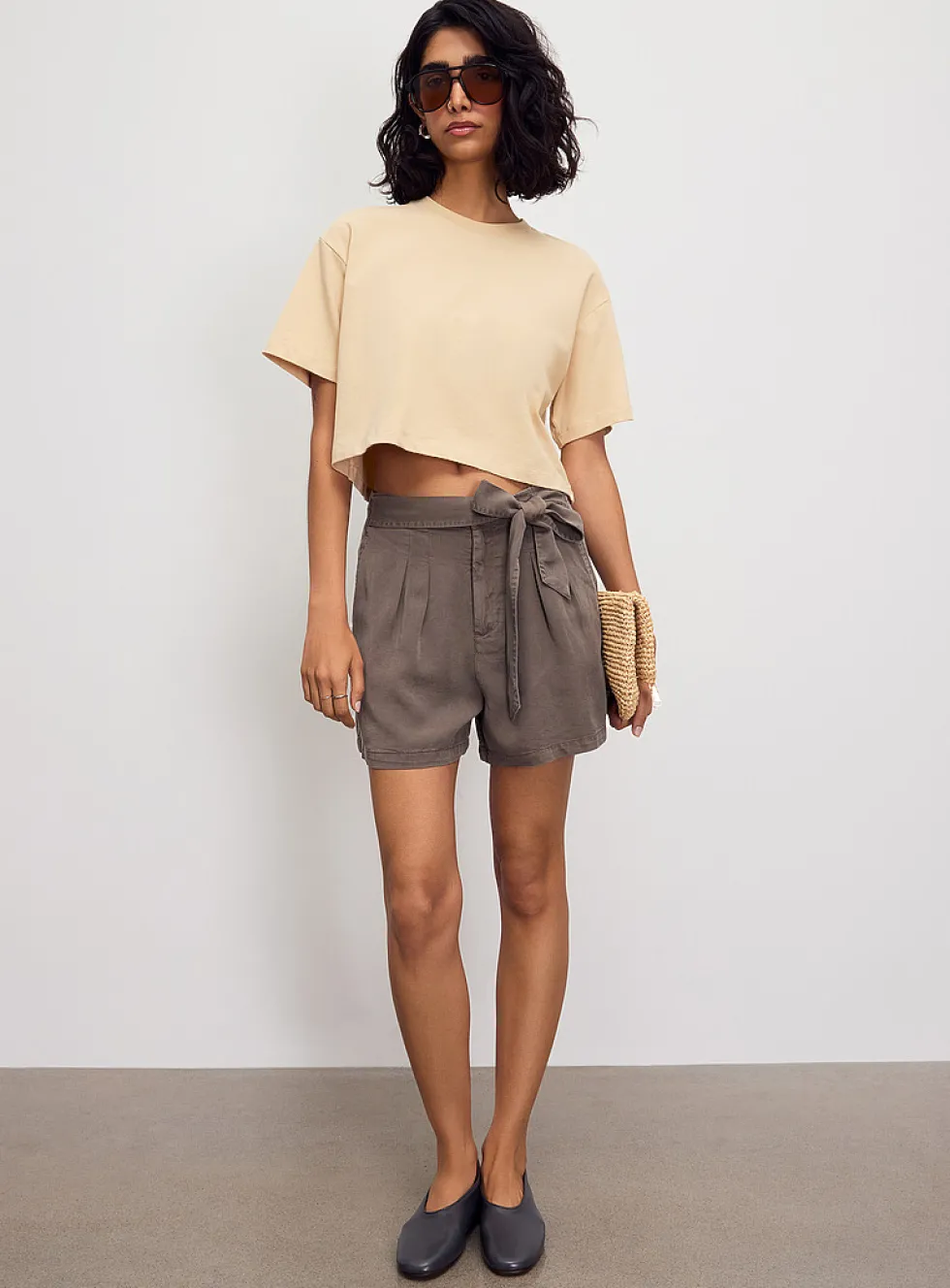 Soft supple denim belted pleated short