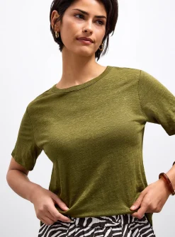 Solid pure linen crew-neck T-shirt