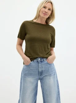 Solid pure linen crew-neck T-shirt