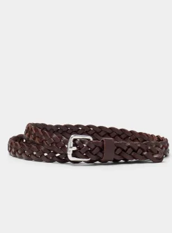 Square-buckle braided leather thin belt