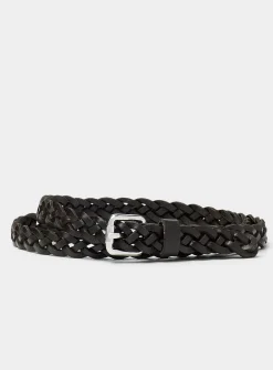 Square-buckle braided leather thin belt