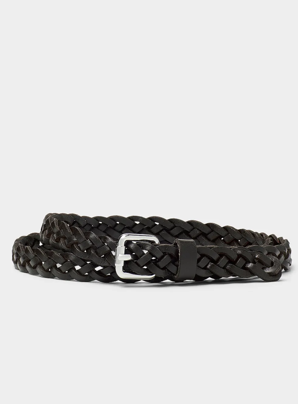 Square-buckle braided leather thin belt