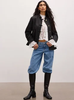 Stand-collar peplum twill jacket