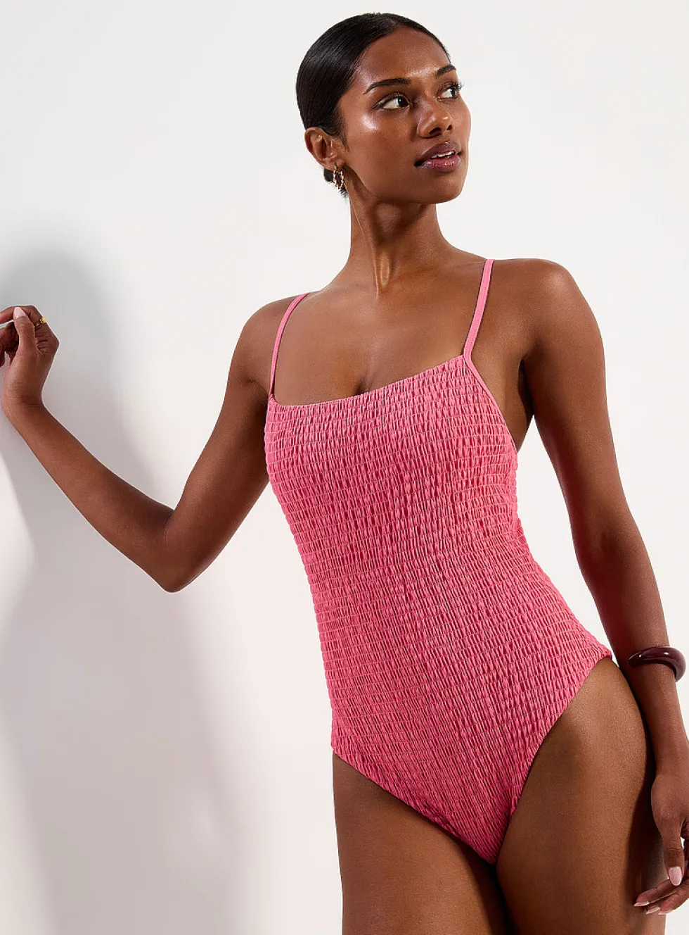 Straight neck smocked one-piece