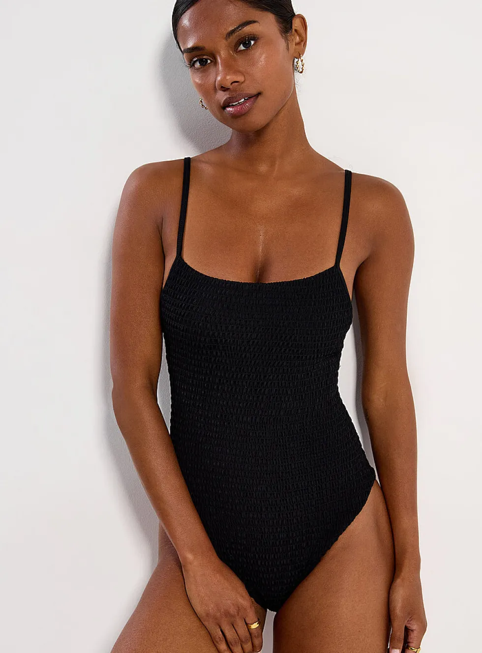 Straight neck smocked one-piece