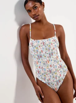 Straight neck smocked one-piece