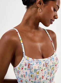 Straight neck smocked one-piece