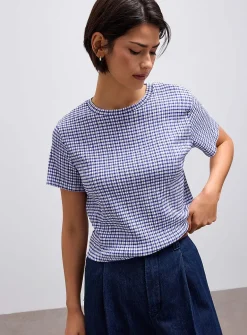 Stretch gingham boxy-fit T-shirt