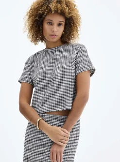 Stretch gingham boxy-fit T-shirt