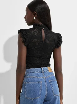 Stretch lace ruffled collar bodysuit