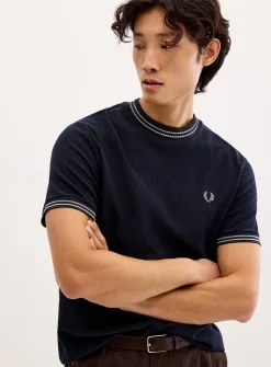 Stripe-accent textured T-shirt