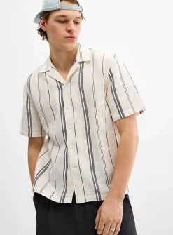 Striped basketweave camp shirt