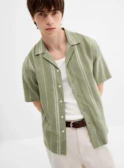 Striped basketweave camp shirt