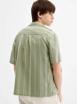 Striped basketweave camp shirt