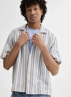 Striped basketweave camp shirt