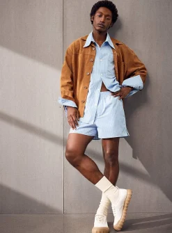 Striped blue poplin short