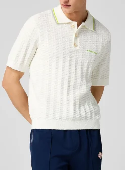 Striped collar bouclé knit polo shirt