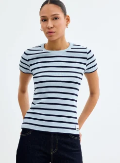 Striped fitted mini-ribbing T-shirt