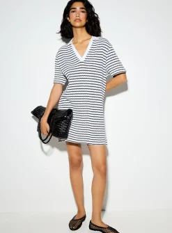 Striped Johnny collar knit minidress