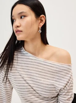 Striped lace-trim boat-neck T-shirt